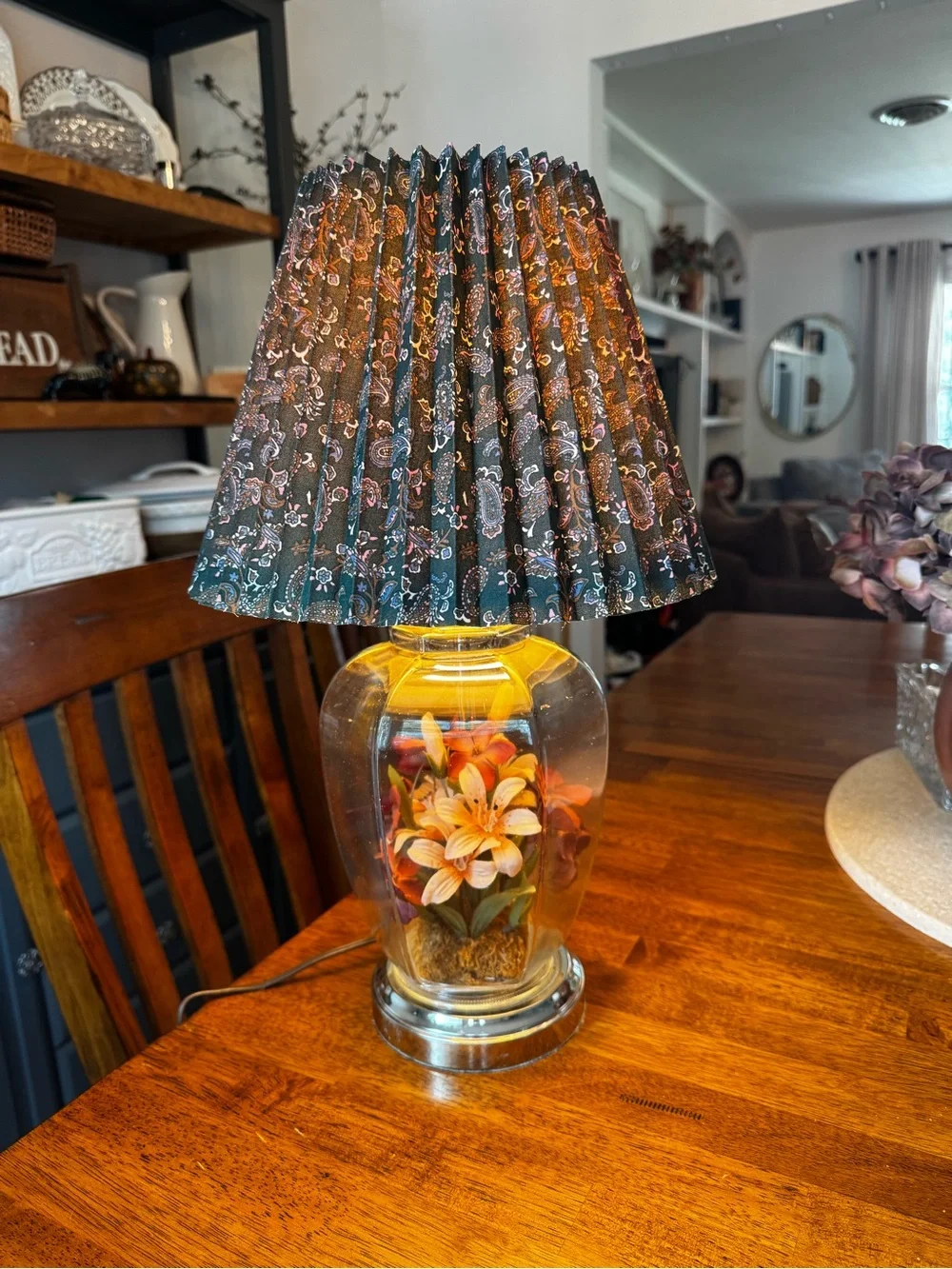 Glass Terrarium Lamp With Green Pleated Paisley Shade Mid Century Modern 19”